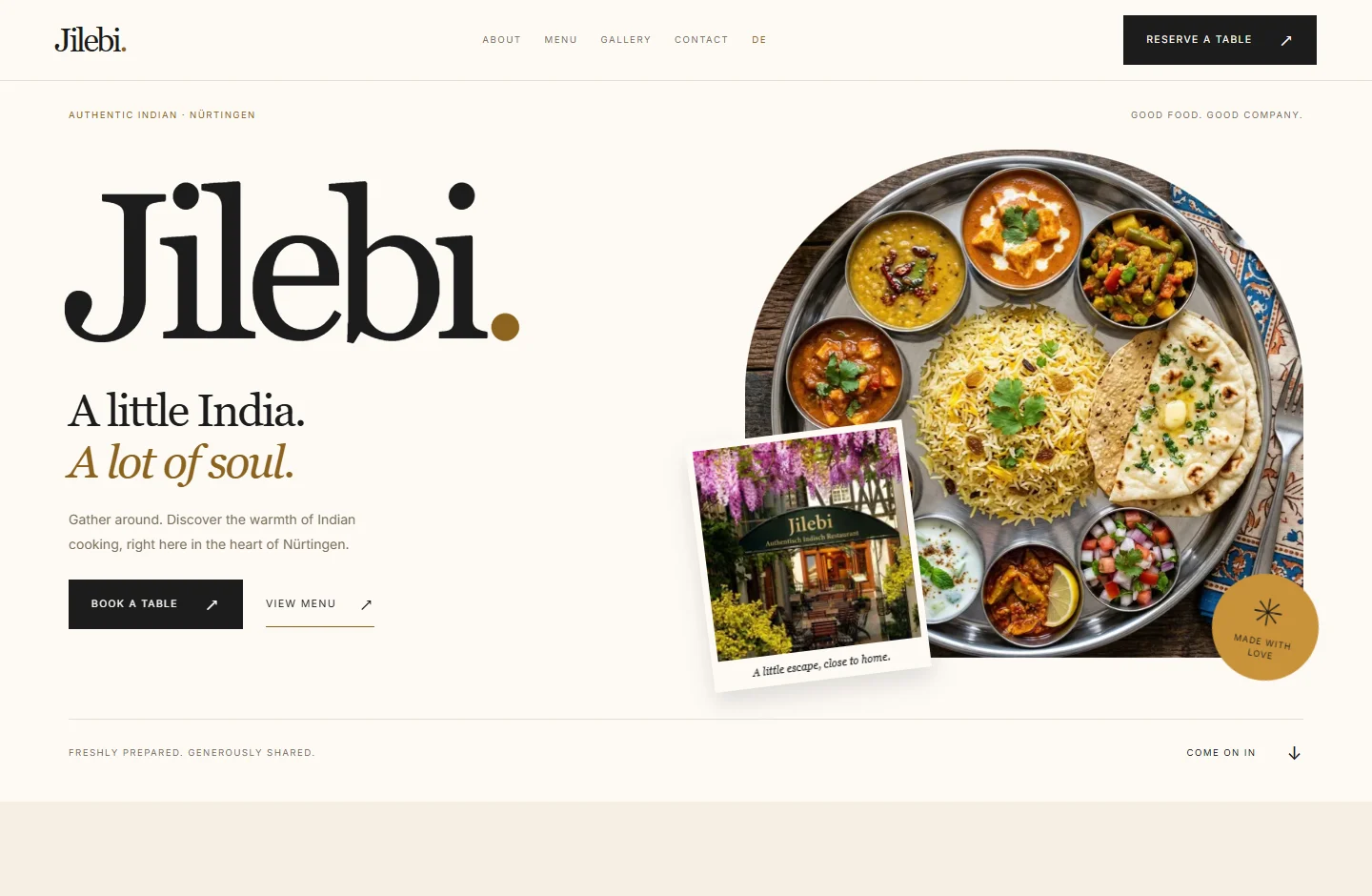 Jilebi desktop homepage, with a large wordmark and Indian food photography