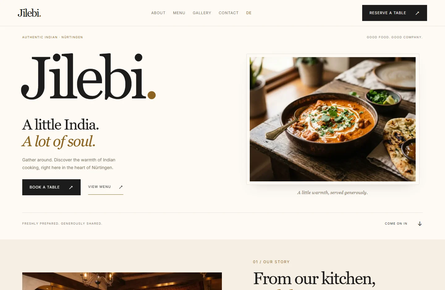 Jilebi desktop homepage, with a large wordmark and Indian food photography