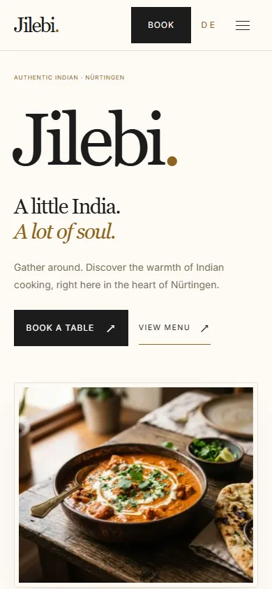 Jilebi mobile homepage, with a large wordmark and Indian food photography