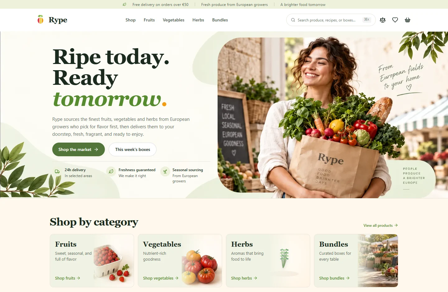 Rype desktop homepage, with green typography and fresh-produce photography