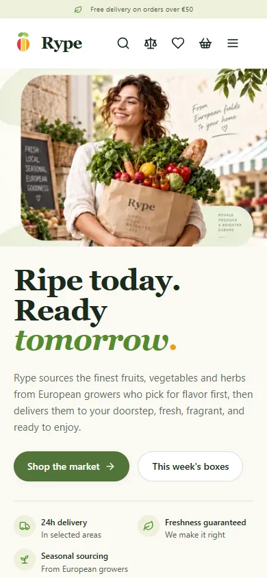 Rype mobile homepage, with green typography and fresh-produce photography