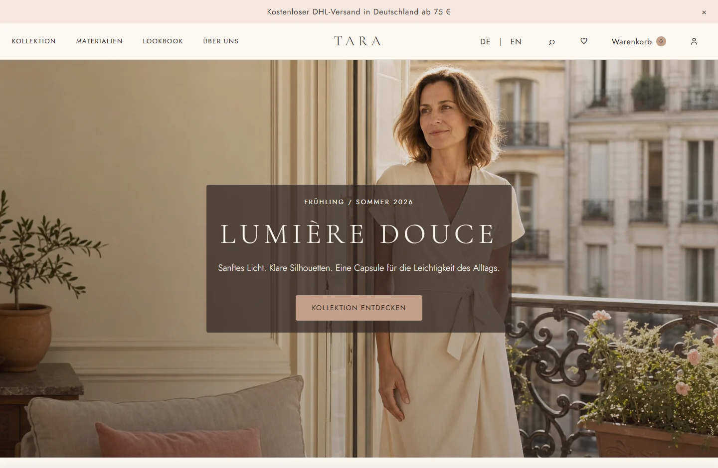 TARA desktop homepage, with fashion campaign photography and quiet navigation